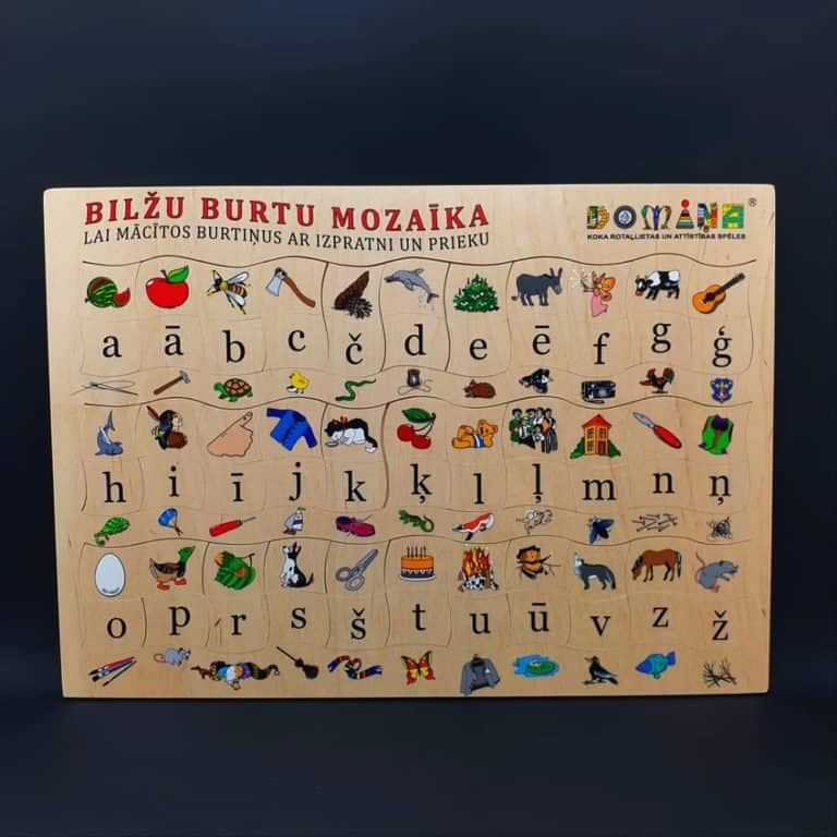 Mosaïque de lettres illustrées en bois avec de petites lettres (alphabet letton)