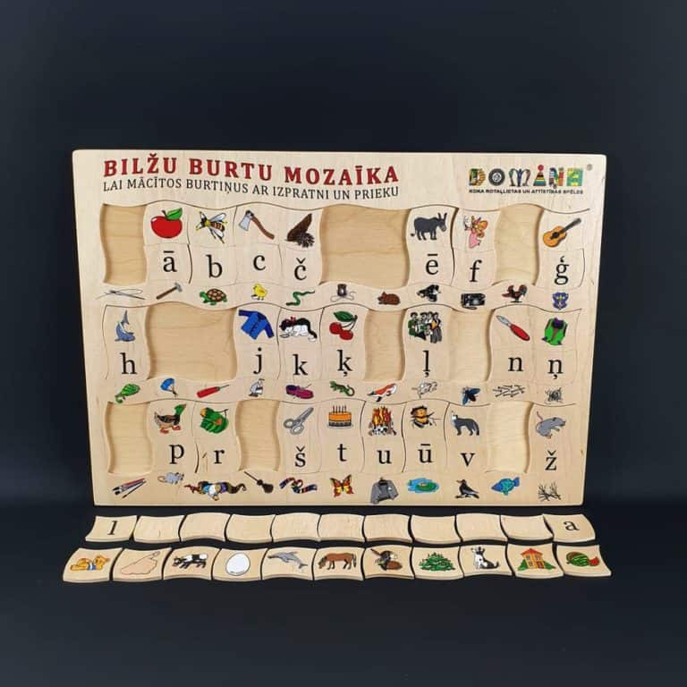 Mosaic of wooden picture letters with small letters (Latvian alphabet)